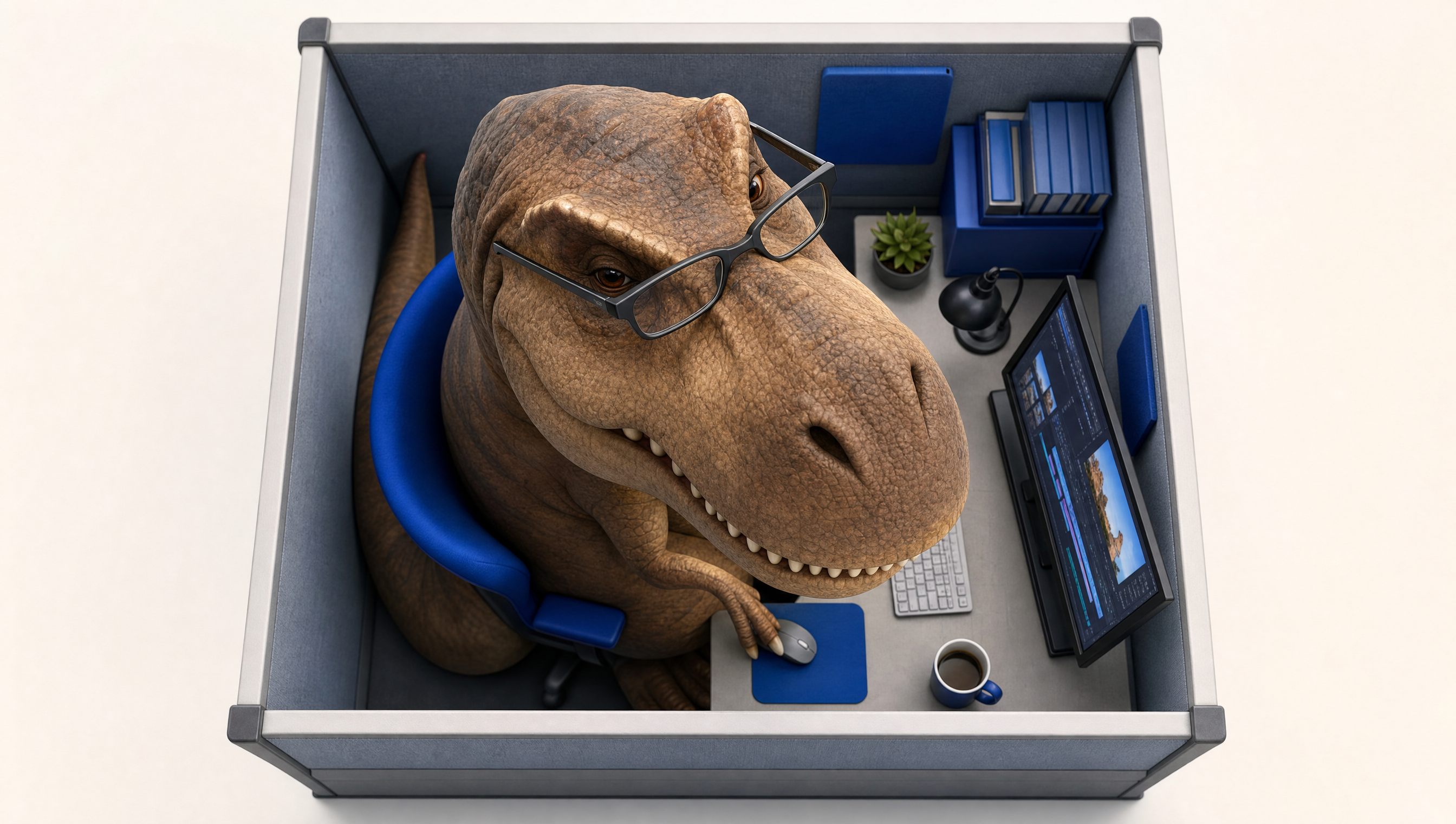 The Big Dino mascot seen from above: a huge dinosaur in glasses designing video at a tiny computer in a small cubicle